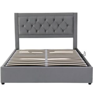 Cama tapizada 140*200 - con almacenamiento, cabecero acolchado, estilo Chesterfield - gris