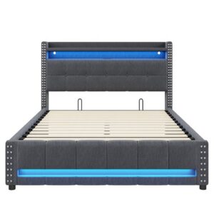 Cama tapizada 140*200 - Con iluminación LED, toma USB, cabecero con estantes y almacenamiento, con hidráulico para almacenamiento - Gris