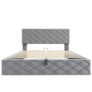 Cama tapizada 140x200 - Cama funcional hidráulica con somier y almacenamiento - Gris