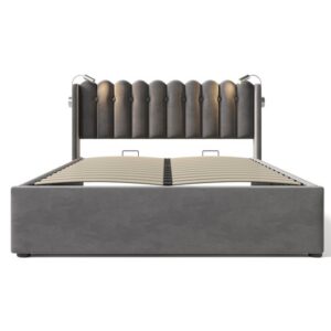 Cama tapizada 140x200 - Leselicht con carga, cabecero con almacenamiento, cama juvenil de terciopelo - Gris