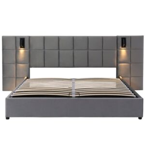 Cama tapizada 160*200 - Cama con almacenamiento hidráulico, lámpara direccional y carga USB, cabecero acolchado, patrón ajedrezado, marco de acero - gris