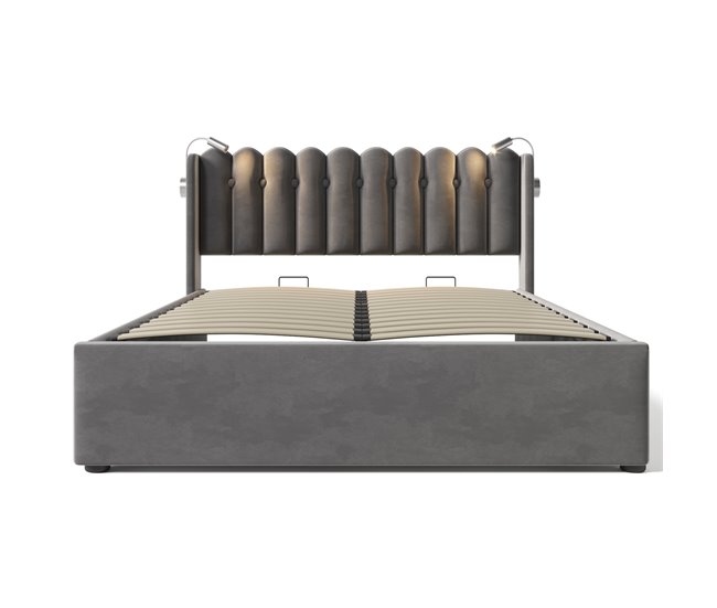 Cama tapizada 160x200 - con luz de lectura, función de carga, cabecero con almacenamiento, estructura de terciopelo - Gris