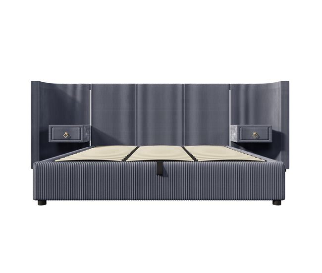Cama tapizada 180*200 cm - Con tiras LED, almacenamiento hidráulico, 2 cajones, sin colchón, USB + TYPE-C, Terciopelo - Gris