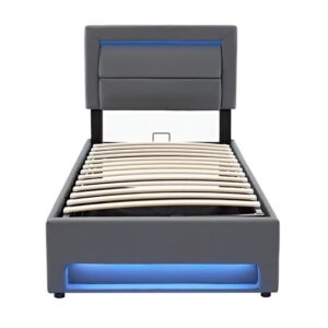 Cama tapizada 90x190 - con USB, LED y almacenamiento, sin colchón - gris