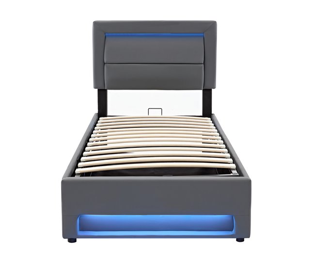 Cama tapizada 90x190 - con USB, LED y almacenamiento, sin colchón - gris
