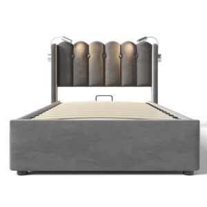 Cama tapizada 90x200 - Leselicht con carga, cabecero, almacenamiento, estructura de cama de terciopelo - Gris