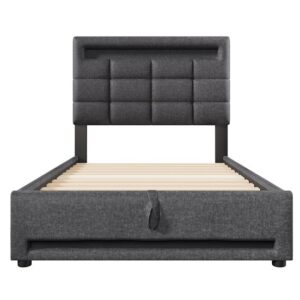 Cama tapizada 90x200cm - Con mando a distancia APP, con luces LED, almacenamiento hidráulico, con puerto USB - Gris