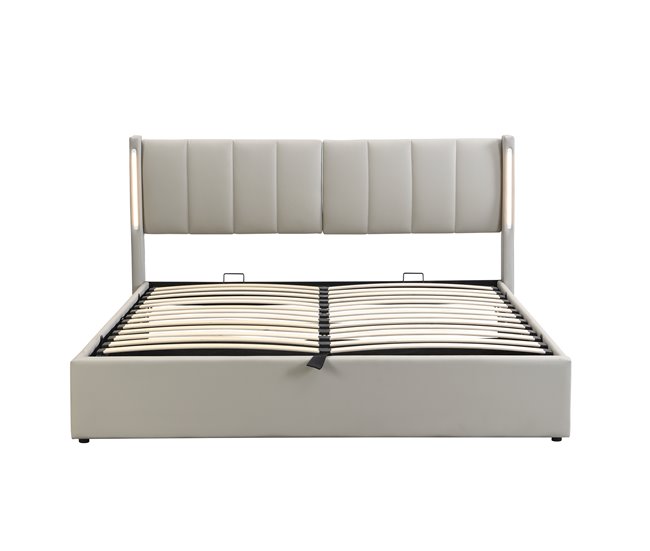 Cama tapizada LED 140x190 cm - hidráulica, puerto USB, almacenamiento, cabecero ajustable - gris