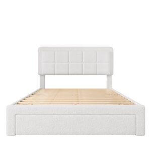 Estructura de cama 160x200 cm - Cabezal ajustable, luz ambiental ajustable, USB, estructura de hierro y madera - Blanco Teddy