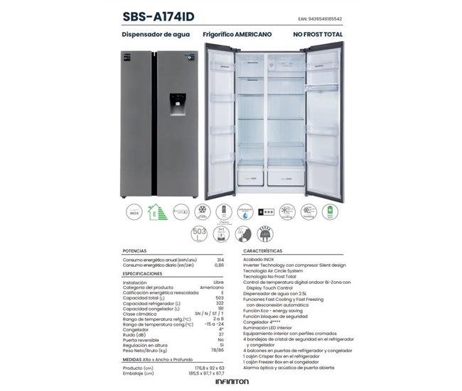 Frigorifico Americano Infiniton SBS-A174ID, 503 L, 177 cm, No Frost Total, Dispensador de AguaE, Inox