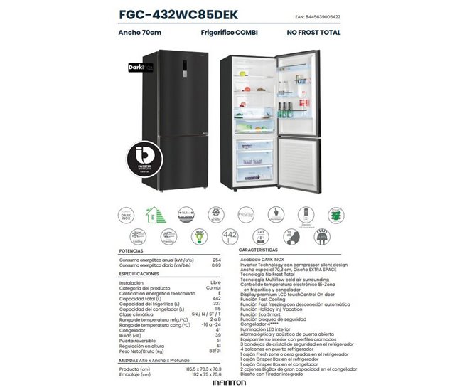 Frigorífico combi INFINITON FGC-432WC85DEK, 442 l, 185 cm, Ancho 70 cm