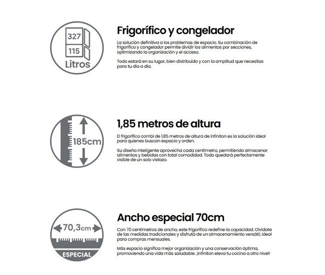 Frigorífico combi INFINITON FGC-432WC85DEK, 442 l, 185 cm, Ancho 70 cm
