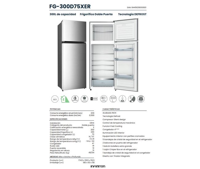 Frigorifico Dos Puertas INFINITON FG-300D75XER, 300 l, 175 cm, E, Ciclico, Inox