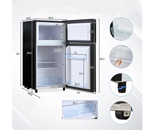 Frigorífico mini 86,5cm 72L de acero inoxidable con 2 puertas y luz led,negro