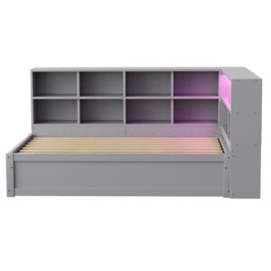 Sofá cama 90*200 - con enchufe múltiple, varios compartimentos de almacenamiento, barra de luz, cama hidráulica, cama de madera maciza, cama individual - Gris